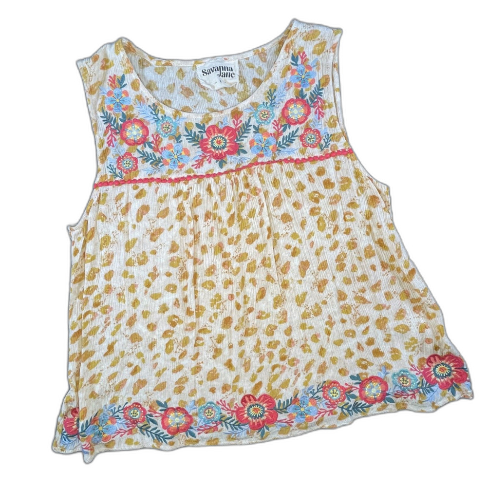 Savanna Jane Embroidered Floral Sleeveless Top sz L Tunic Animal Print Boho